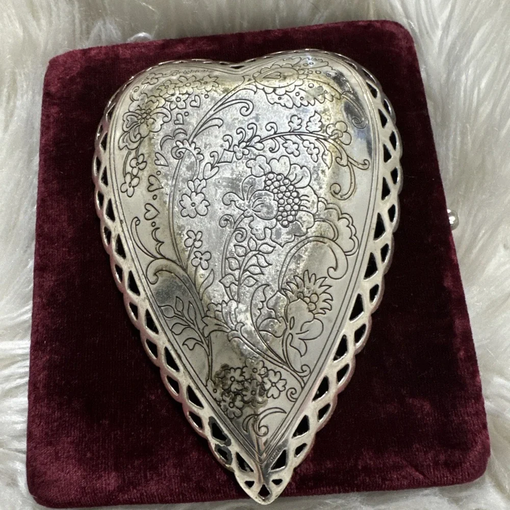 Brighton Vintage Silver Played Heart Shaped Trinket Jewelry Dish Large Floral